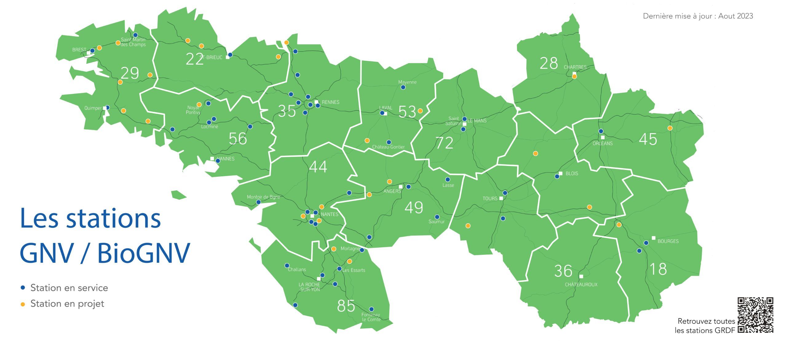 Carte des stations GNV bioGNV en Bretagne et Pays de la Loire