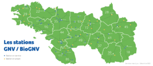 carte des stations GNV publique ouvertes et en projet sur les régions Pays de la Loire, Bretagne et Centre val de Loire